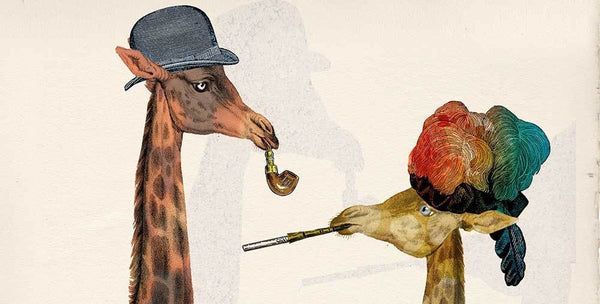 Long-necked animal couple with pipe and cigarette