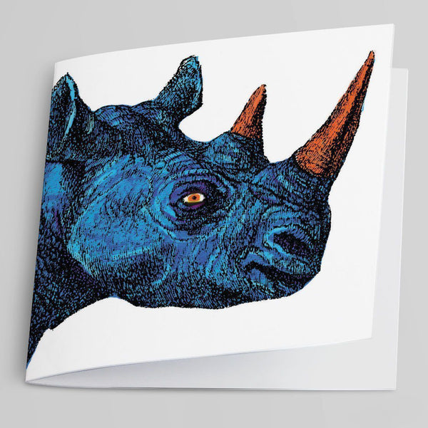 Rhinoceros greeting card rendered in blue and orange.