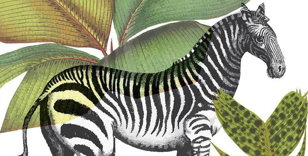 Camouflaged striped horse among large leaves